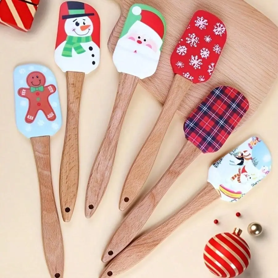 Christmas Silicone Spatula Set - Wooden Handles, Festive Patterns (Snowflake, Snowman, Gingerbread Man, Santa Claus, Reindeer), Kitchen Cooking Accessories Utensil Set for Baking, Stirring Butter/Cream/Cake Mixing, Holiday Gifting