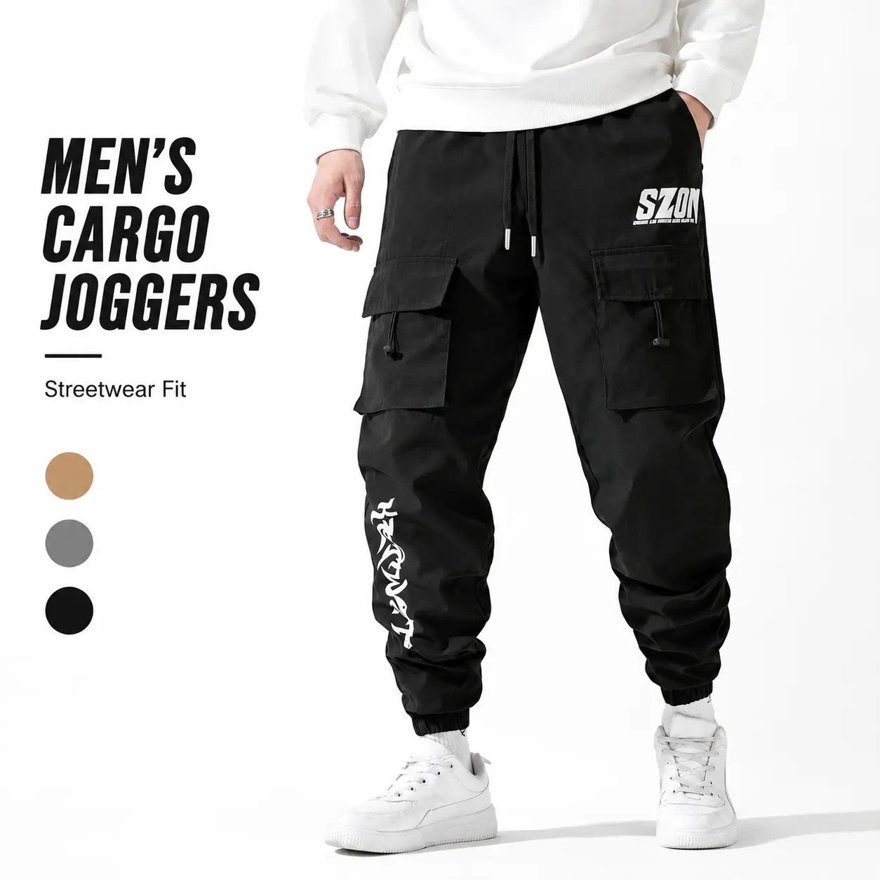 Men's 2-Pack Loose Fit Baggy Cargo Joggers - Aesthetic Athletic Cut Streetwear Pants with Letter Print, Double Pockets, Drop Multi-Pocket Utility Design, Double Pockets Men's Pants, Drop Multi-Pocket Men's Pants