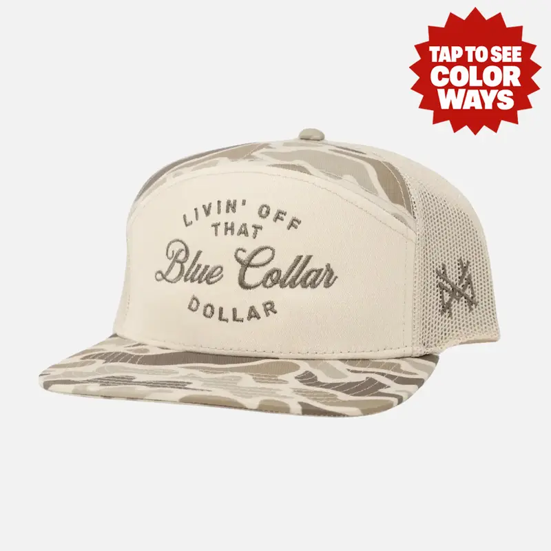 Livin' Off That Blue Collar Dollar MadHatter's Embroidered Snapback Adjustable (Up To A Size 8 Head) Premium Trucker Hat