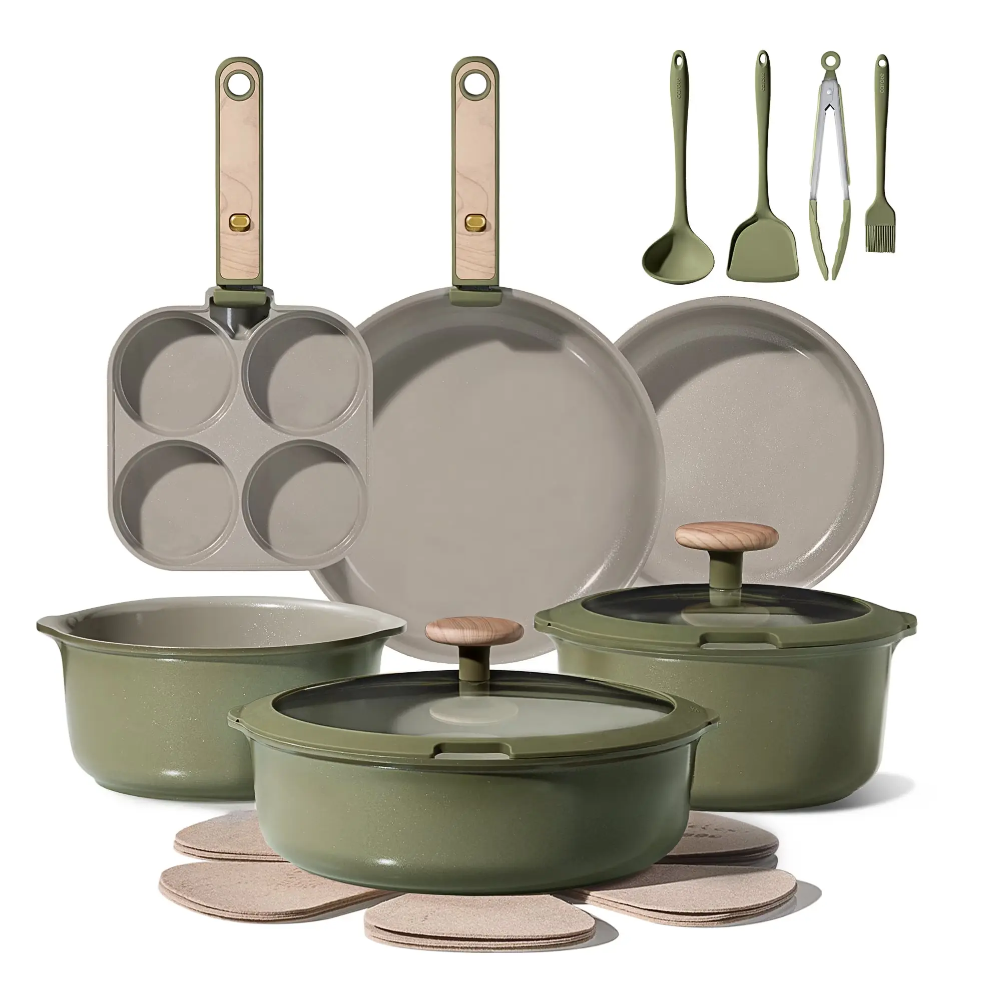 19Pcs Ceramic Cookware Set Nonstick with Detachable Handle, Dishwasher Safe, Easy Pouring Spout, Induction Kitchen Cookware, Sage Green