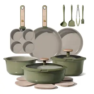 19Pcs Ceramic Cookware Set Nonstick with Detachable Handle, Dishwasher Safe, Easy Pouring Spout, Induction Kitchen Cookware, Sage Green