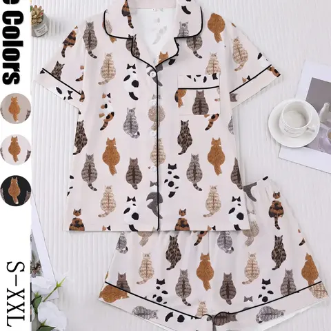 Women's Spring Summer Sleepwear Set, Cute Cat Family Floral Print, Casual Fitted Shirt & Elastic Shorts, Valentine's Day Gift, Lounge Pjs Set