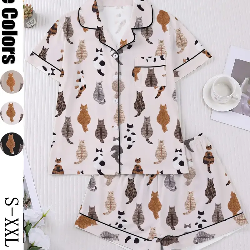 Women's Spring Summer Sleepwear Set, Cute Cat Family Floral Print, Casual Fitted Shirt & Elastic Shorts, Valentine's Day Gift, Lounge Pjs Set
