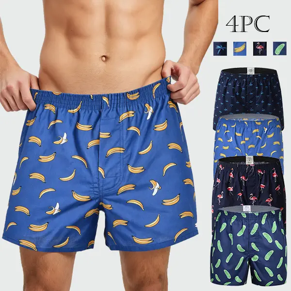 Men's 4-Pack Lounge Shorts, Casual Loose-Fit Boxers with Novelty Tropical Prints, Lightweight Hawaiian Style Fashion Nightwear for Sleeping, Boxer Shorts, Aesthetics