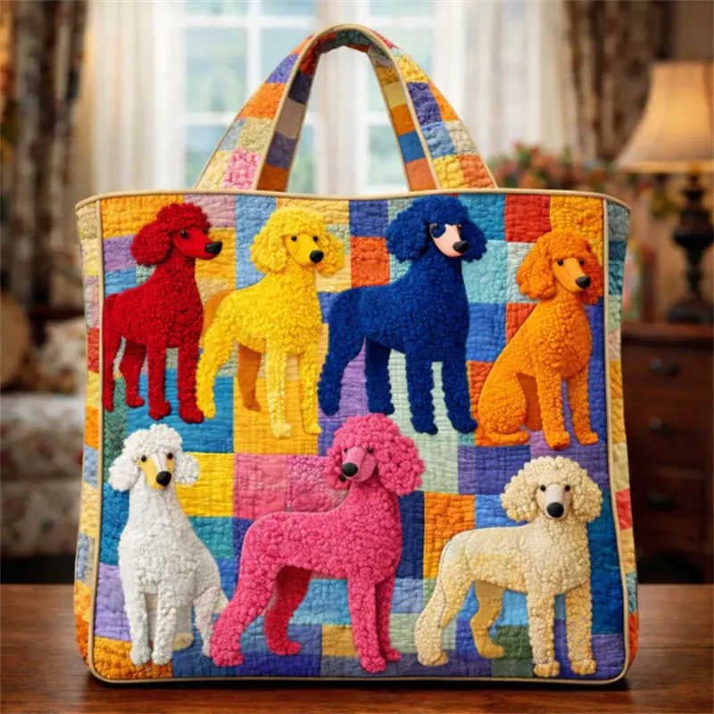 Women Quilted Tote Bag, Colorful Poodle Dog Patchwork Grid Print Shoulder Handbag, Large Capacity Pet Lover Shopping Bag, Vibrant Rainbow Dog Art Tote Purse for Daily Grocery Travel