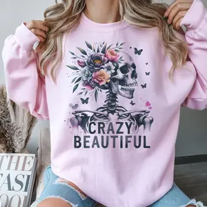 Floral Skull Sweatshirts Flower Skeleton Pullover Girly Skull Sweatshirt Sarcastic Girly Pullover Womens Rocker Hoodie Funny Skeleton Toops Casual Comfort