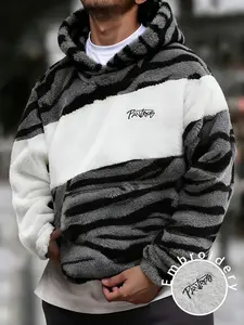 Men's Fleece Zip Hoodie Zebra Pattern Sweatshirt, Warm Fleece + Embroidered Logo, Street Style Winter Daily Wear & Holiday Parties