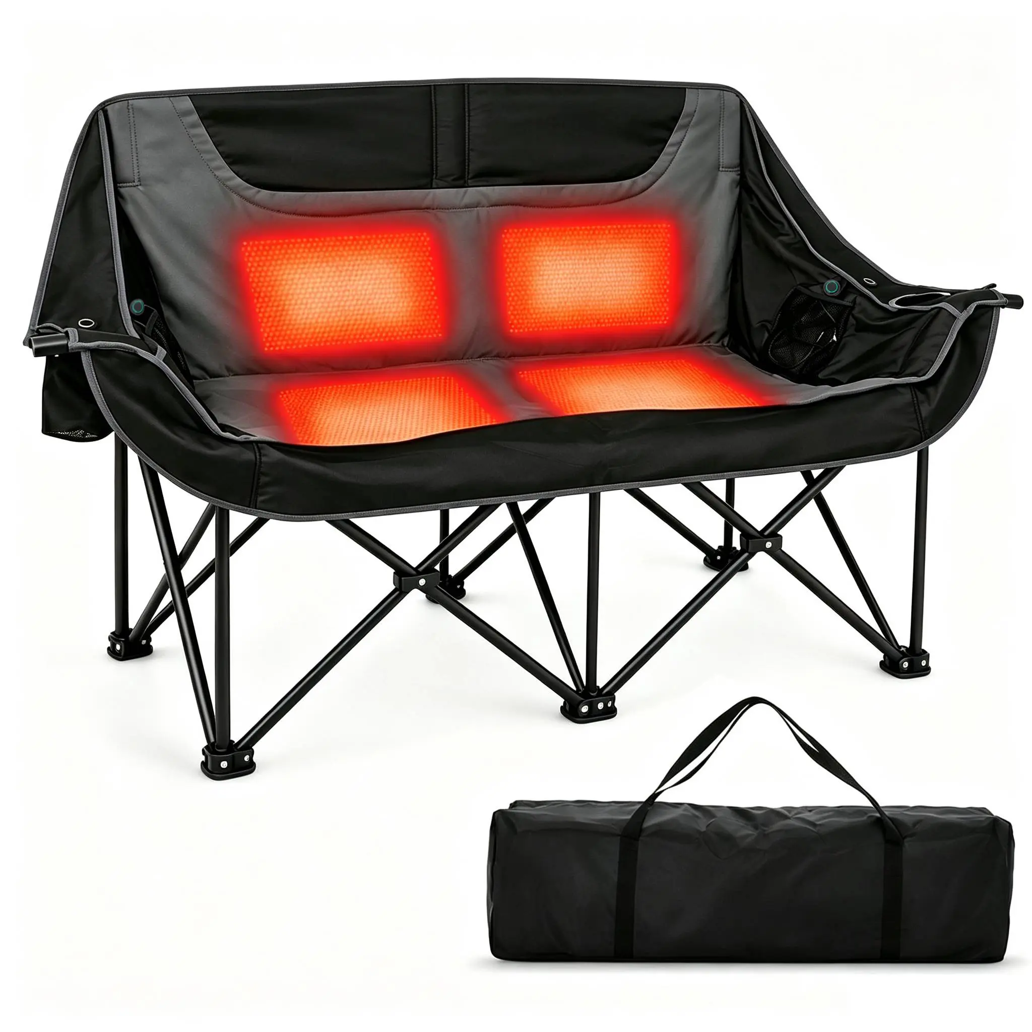 Docred Heated Double Camping Folding Chair, Portable Heating Loveseat, Oversized Think Padded Folding Chair, 600D Oxford Fabric, Side Pocket, 600LB Heavy Duty Cold Outdoor Chair for Camping, Tailgating & Sports, Backyard, Camping Gear (Battery Not)