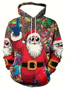 Men's 3D Print Santa & Elf Sweatshirt, Casual Fitted Pullover, Holiday Christmas Design, All Seasons Wear