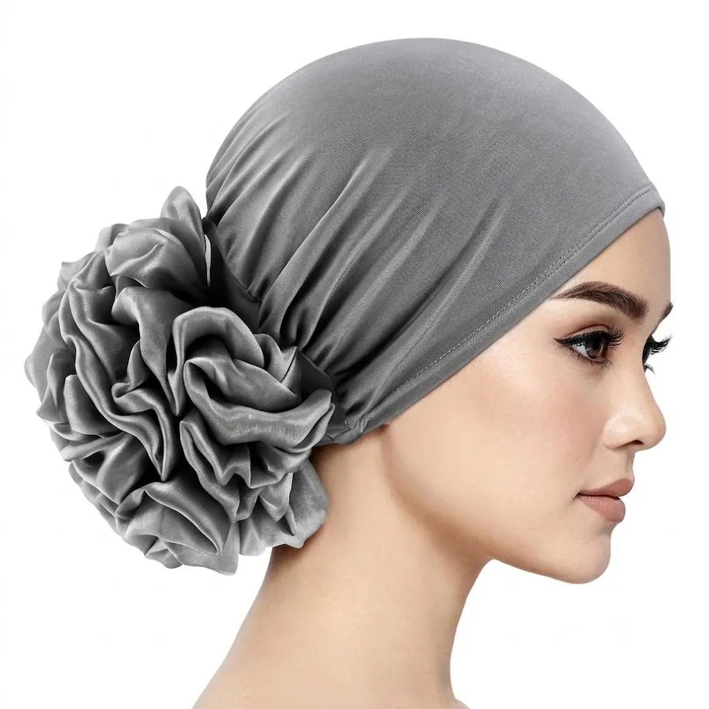 Muslim 2PCS Stretch Knit Inner Hijab Turban - Chiffon Floral Ruffled Back Under Scarf Cap, Secure Non-Slip Fit, All-Season, Casual, Versatile, Easy to Match Clothing Gift for Hijab Wearers, Classic Chic Head Scarves, Loved Ones Who Wear Hijabs
