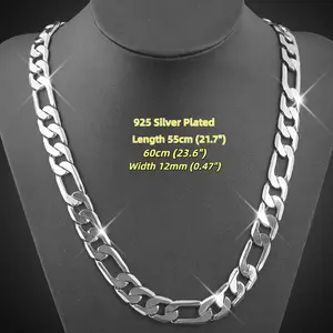 Silver Plated Hip Hop Necklace, 925 Silver Plated, Length 55cm (21.7") & 60cm (23.6"), Width 12mm (0.47"),Unisex Sturdy Silver Figaro Chain | Tarnish-Resistant, Perfect for Daily Wear with Sturdy Clasp, Hypoallergenic Polished Finish.