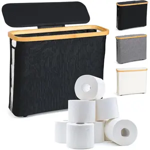 INNOLIFE Toilet Paper Storage Basket with Lid for Bathroom, Holds 9 to 12 Rolls, Free Standing Toilet Paper Holder, Bathroom Organizer, Foldable Storage Bag (Black)