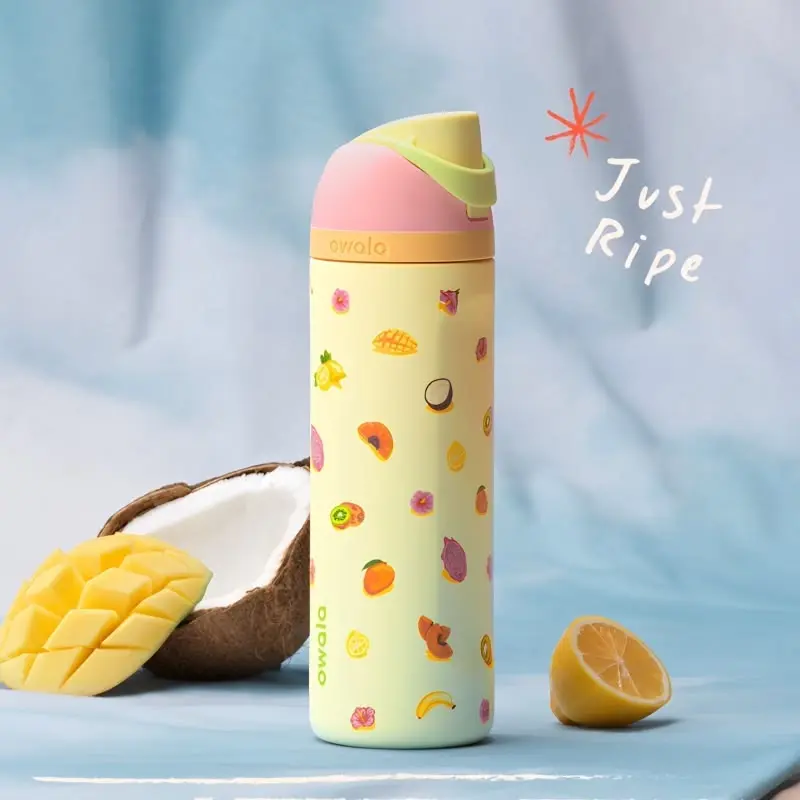 Owala Tropical Fruit Water Bottle – Yellow Insulated Stainless Steel Bottle with Straw Lid for School, Gym, Travel & Summer Gift