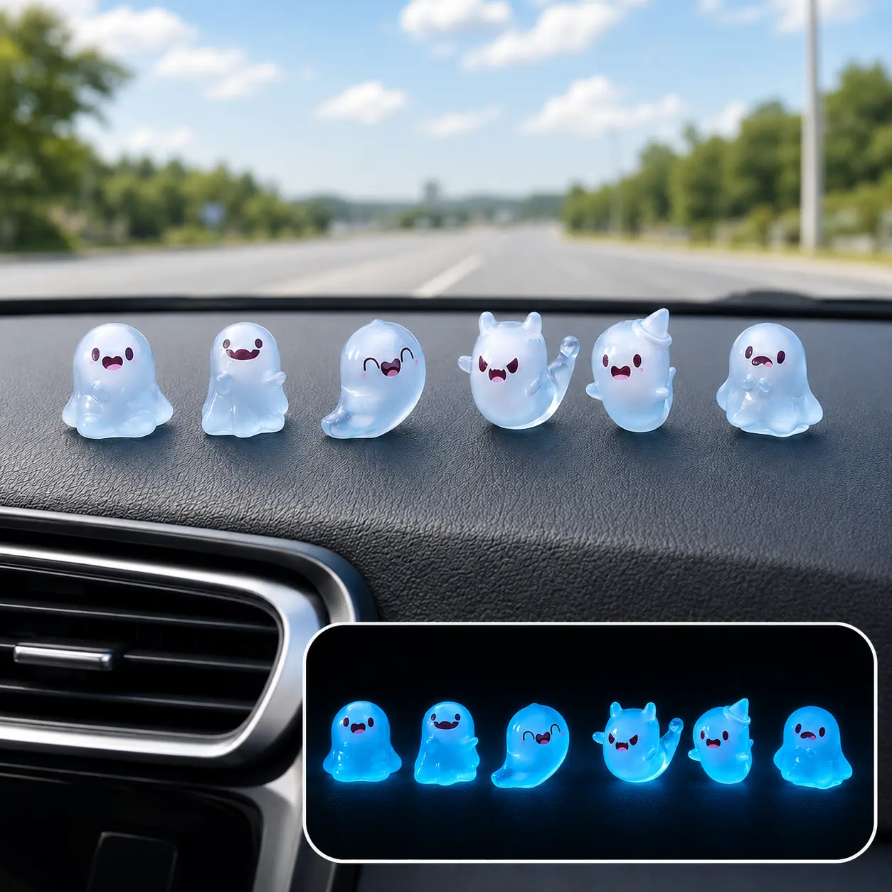 6PCS Glow-in-the-Dark Mini Resin Ghost Figurines, Cute Luminous Miniature Statues for Car Dashboard Decor, Car Interior Accessories, Garden, Dollhouse & Halloween Party Decorations