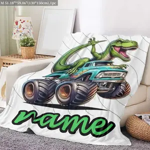 Customizable Dinosaur Monster Truck Flannel Blanket - Personalized Name, All Seasons, Multipurpose, Digital Print, 100% Polyester, 250-300gsm, Contemporary Style, Animal Theme