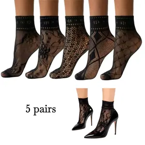 5 Pairs Women’s Mesh Fishnet Ankle Socks – Elegant Floral Lace High Low Cut Hosiery, Sheer Hollow Out Crew Socks with Ruffled Top, Breathable Fashion Dress Socks (Multi-Pattern Pack)