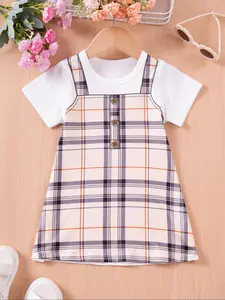 Toddler Girl's Floral / Plaid Print Tee Dress, Toddler Outfit, Casual Short Sleeve Dress, Kids Summer Clothes for Daily Wear, Baby Girl Clothes