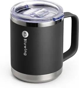 Bluwing 12 oz Coffee Mug with Lid and Handle, Double Wall Insulated Camping Coffee Mug for Men Women Stainless Steel Travel Tumbler Cup, Sweat Proof Drinkware Flasks Container Silicone, Portable Kitchenware Modern Insulation