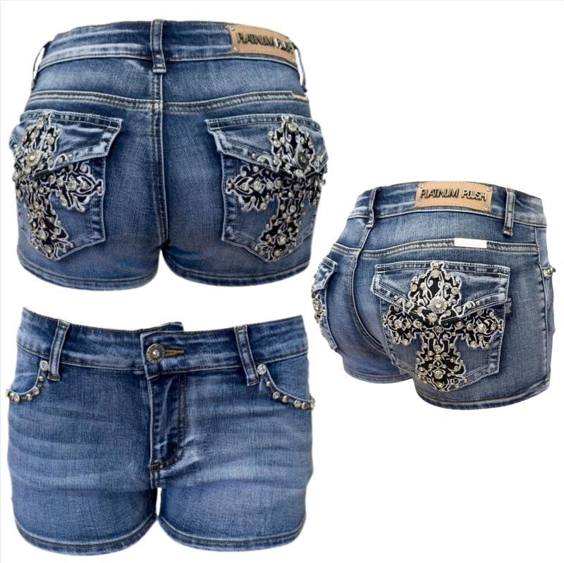 McBling Denim Shorts Y2K Mid Waist Skull Wing Cross Plus Stretch biker rocker vintage Rock rhinestone vaquera Embroidered street Alt emo edgy Fit
