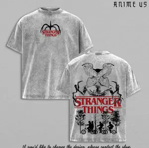 Stranger Things T Shirt Vintage Washed Oversized Graphic Tee Demogorgon Retro Horror Series Shirt Hawkins Bike Scene Streetwear Top for Fans Men Women 3BU