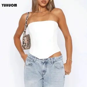 Summer Womens Strapless Bustier Corset Top Y2k Lace Up Boned Overbust Corset Sexy Bodyshaper Tube Top Going Out Bustier