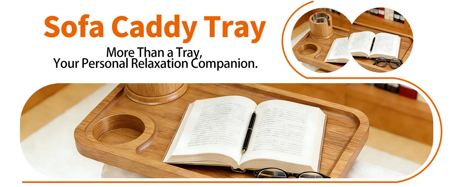 Acacia Wood Sofa Armrest Tray, Clip-On Space-Saving Design with Cup Holder, 360° Rotating Phone Holder, Anti-Slip Pads, Easy Installation for Daily Use