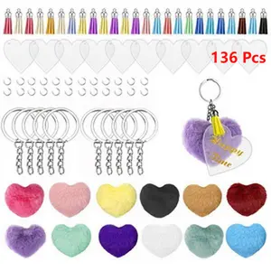 136 Pcs Colored 12Pcs Heart Pom Pom Keychain 2.4inch Multicolor Heart Shape Fluffy Ball 12Pcs Clear Acrylic 12 Pcs Tassels Keyrings with 100Pcs Open Rings for DIY Accessories
