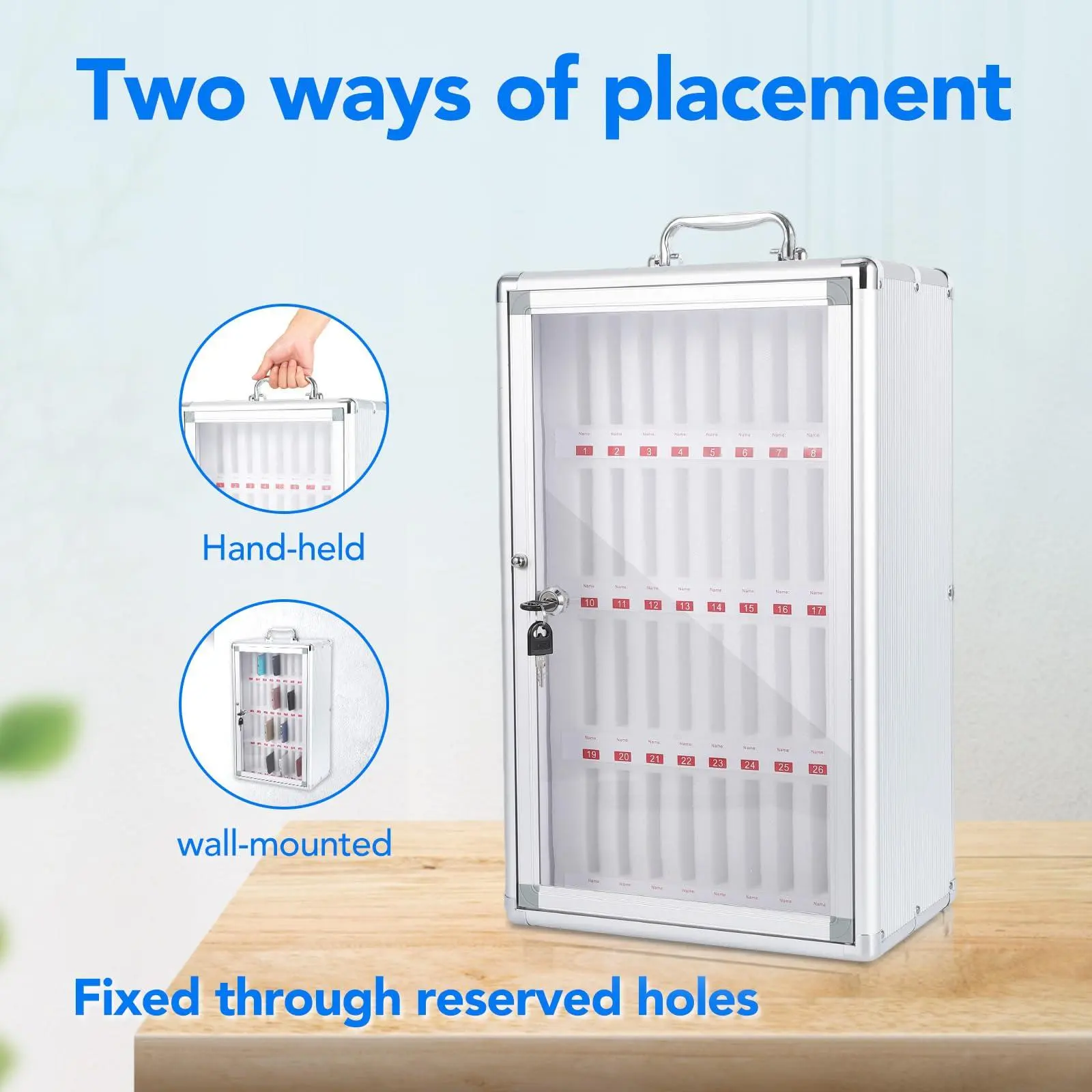 Wall-Mounted Phone Storage Lock Box, Aluminum Alloy Mobile Phone Locker with Key Lock, Portable Storage Cabinet with Handle for Classroom, Office, Gym（36-bit）