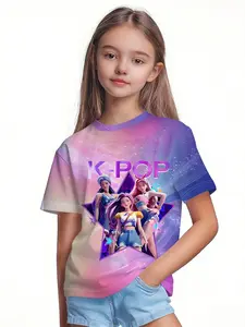Girls Kpop Short Sleeve Tee, Gradient Dreamy Cartoon Print Summer Breathable T-Shirt, Outdoor Casual Comfort Fabric, Perfect Gift