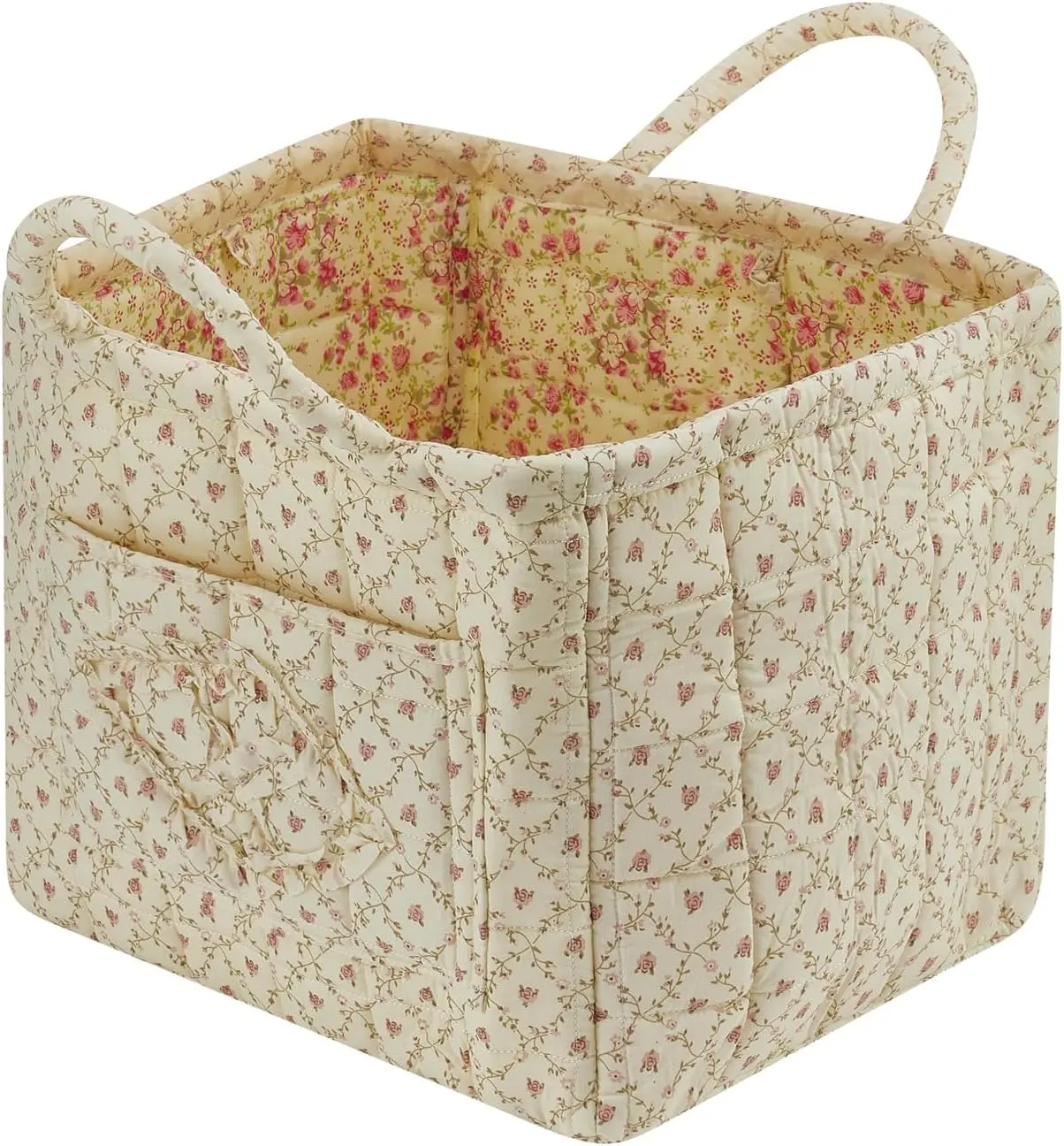 Quilted Basket with Handles &, Foldable Laundry Hamper Boho Floral Print Organizer Bin for Home,, Office 12"x10"x10" (A-2)