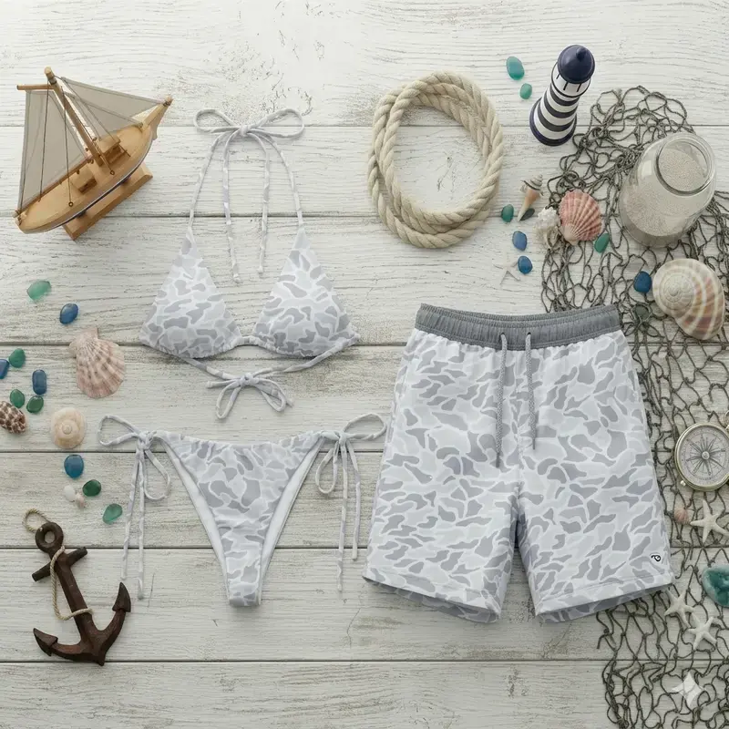 Grey Camo Matching Couple Swimwear Set – Women’s Triangle Tie Bikini & Men's Short, Beach Vacation Outfit, Gift for Her, Goft idea