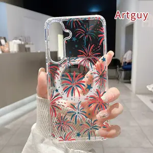 Magnetic Phone Case for Samsung Galaxy S26 Edge S23 Ultra S24 Plus FE S25 S22+ Patriotic Fireworks Dream Pattern Non-Yellowing Shockproof Soft Silicone Transparent Acrylic Large Hole Cover Supports Wireless Charging