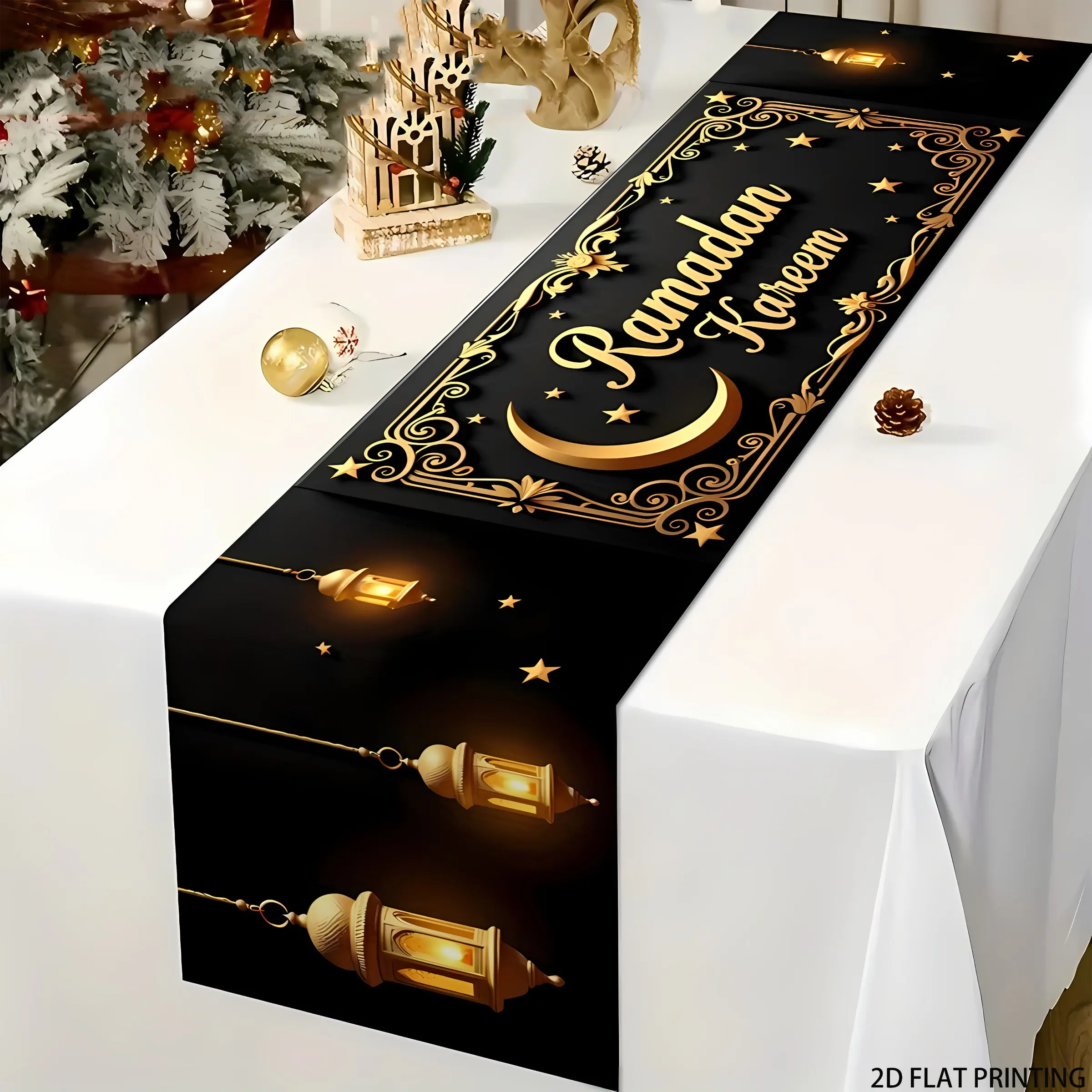 2D flat printing, 1-piece set of linen table flags for Ramadan celebration festival lighting decoration, suitable for restaurants, coffee tables or dining tables, TV cabinets, holiday and family gathering decorative tablecloths