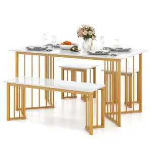 COSTWAY - 4 Piece Dining Table Set with Bench and 2 Stools-White