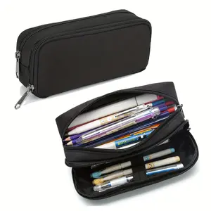 Black Multi-Pocket Pencil Case, Large Capacity Stationery Organizer With Double Zipper, Lightweight And Durable, Perfect For Students, School, Office, Holds Pens, Markers, Erasers