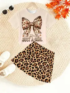 Girls' Summer 2-Piece Set Includes Leopard Pattern Bow-Tie Short Sleeve T-Shirt & Comfortable Half Skirt, Casual Fashion, Summer Outfits Set, Leopard Print Set