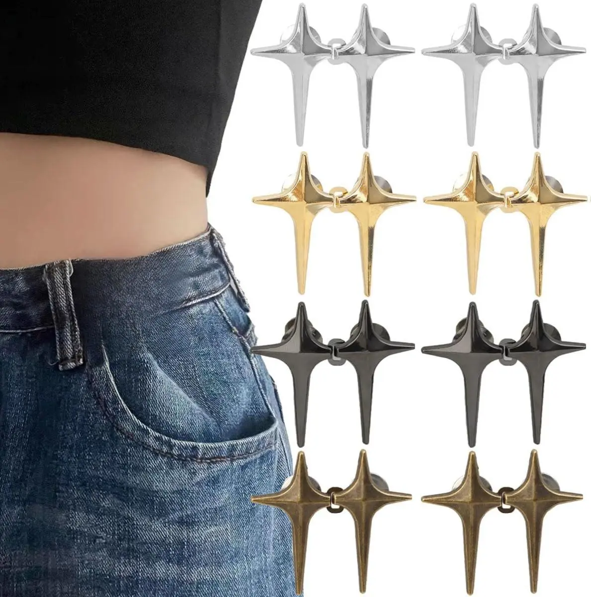 Unisex 8-Set Adjustable Metal Star Button Pins - Detachable Decorative Waist Buckles, 3 Colors (Bronze,Gold,Silver), Unique Button Slot Design, No-Sew No-Tools Universal Snug-Fit Loose Jean Waist Tighteners