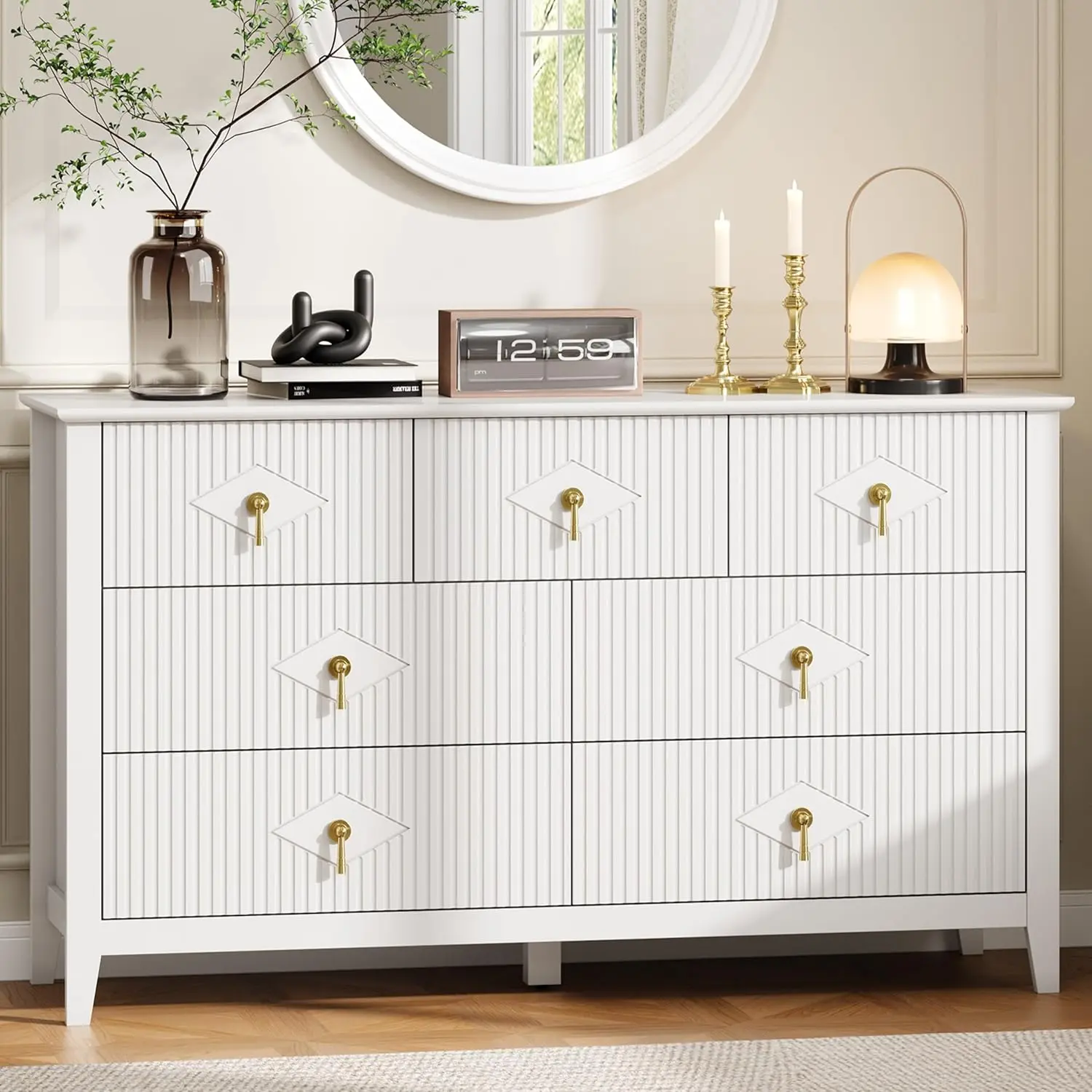 Gaomon 54-in Wide Fluted Wooden Drawer Dresser with Multi-Drawers - Home Storage Organizer Cabinet, Apartment Furniture for Living Room, Entryway Decor & Small Space/Studio Apartment Use, Furniture For Apartment