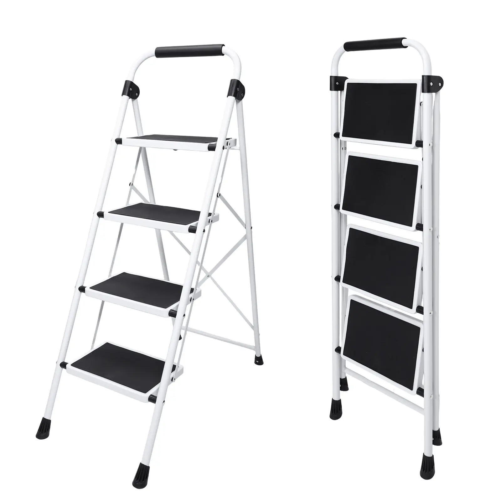 Sweetcrispy Folding Iron Stepstool - Ladder Folding Steps, Non-Slip Foot Pedal Step-Up Stool with Comfortable Handrails, Sturdy Portable Heavy-Duty Steel Ladder for Kitchen, Garage Use, Non-Slip Foot Pedal Folding Steps