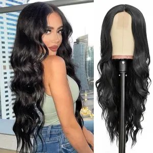 Eerya Long Black Wavy Wig for Women 26 Inch Middle Part Synthetic Heat Resistant Fiber Realistic Natural Looking Wig for Daily Party Use High-Temperature Resistant Hand-Tied Hairline Adjustable Wig Cap