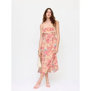 Cider Chiffon Abstract Lace Trim Square Neck A-line Maxi dress