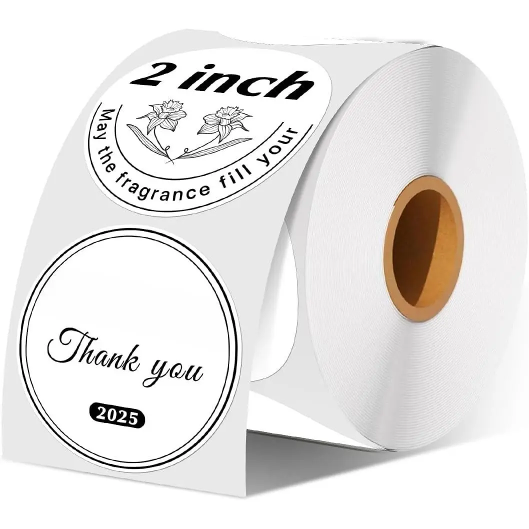 2 Inch (50.8mm x 50.8mm) Round Thermal Sticker Labels, Self-Adhesive Circle Direct Thermal Label, Multi-Purpose Roll Sticker for DIY Logo Design, QR Code, Name Tag, Roll of 500 Labels, White