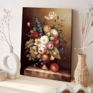 Floral Pattern Wooden Framed Canvas Painting, Vintage Flower Bouquet Wall Art, Modern Art for Home Living Room Bedroom Decoration, Ornaments