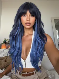 26 Inch Long Blue Gradient Straight Wig with Bangs, Synthetic Hair for Halloween Cosplay & Party Wear, All-Season Women's Accessory, Synthetic Material Wigs, Wavy Ombre Wig