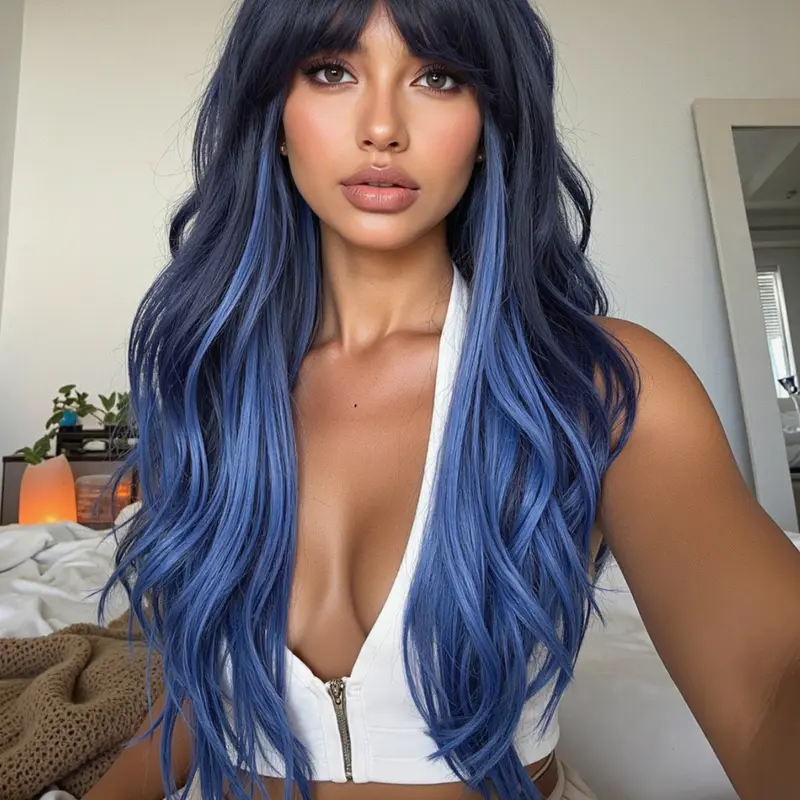 26 Inch Long Blue Gradient Straight Wig with Bangs, Synthetic Hair for Halloween Cosplay & Party Wear, All-Season Women's Accessory, Synthetic Material Wigs, Wavy Ombre Wig, Synthetic Fiber Wigs
