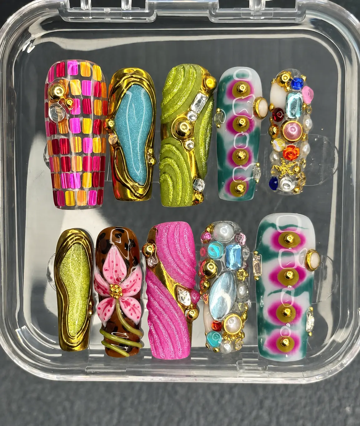Luxury Maximalist Gem Press-On Nails | Handmade 3D Gold Chrome Floral Statement Nails | Y2K Designer Chunky Nail Art Set