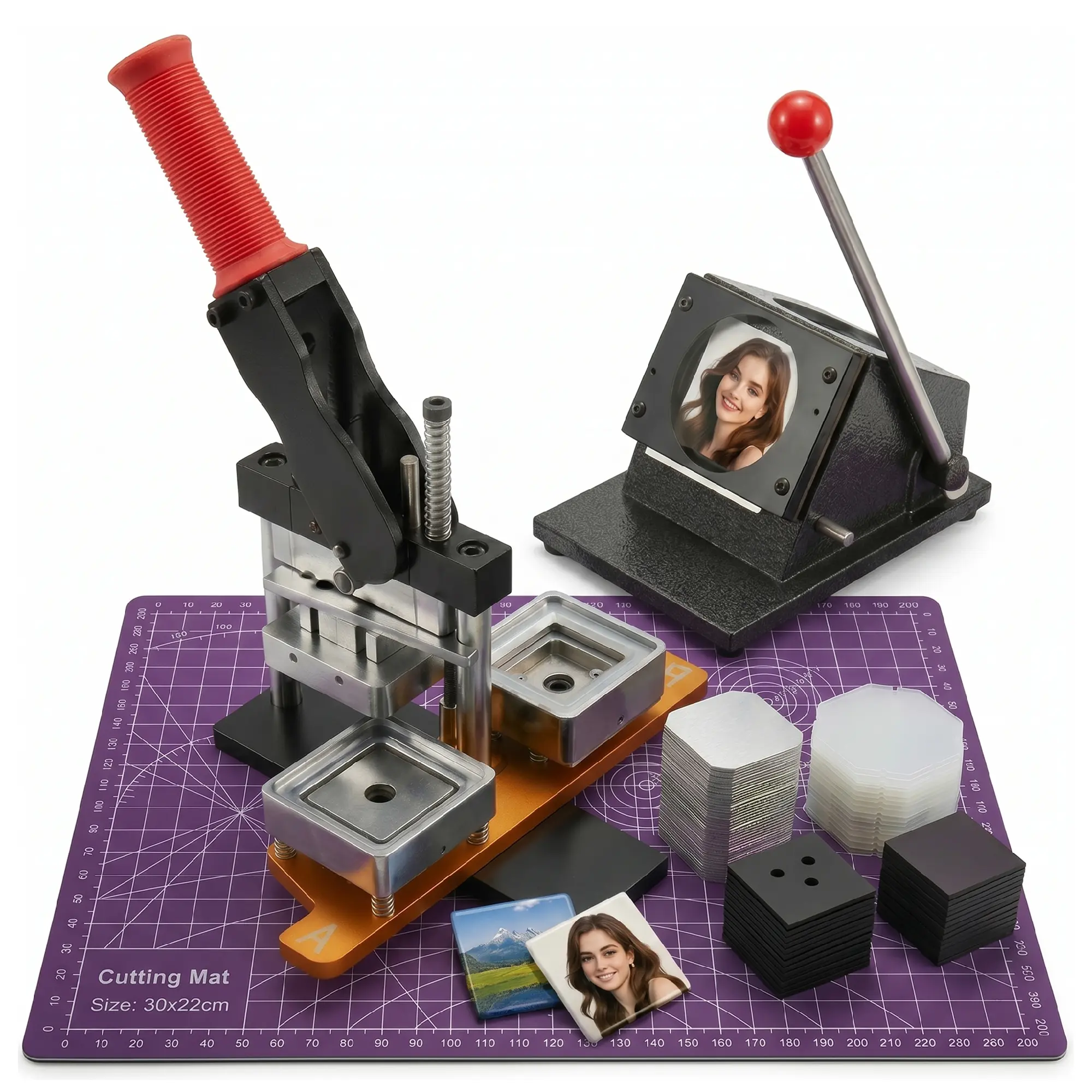 Exquimac 2x2 Inch Square Magnet Maker Machine Kit with 200 Supplies and Cutter | Make 2 x 2 in photo fridge magnets and badges with a metal hand press, paper cutter, magnetic sheets, film, and 200 supplies.