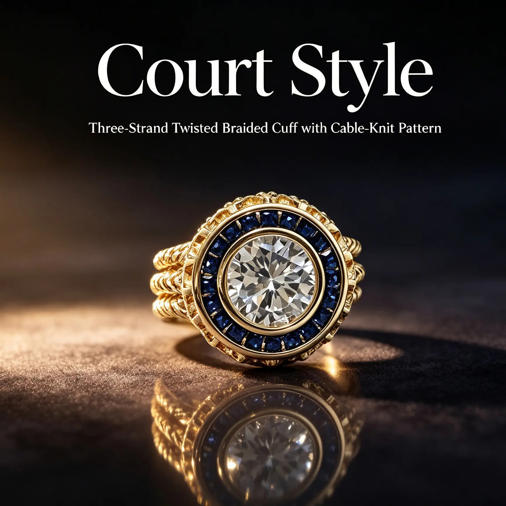 French court-style three-strand twisted ring, vintage-style ring featuring a round synthetic zirconia stone surrounded by sapphires, a luxurious yet understated accessory for women’s formal occasions
