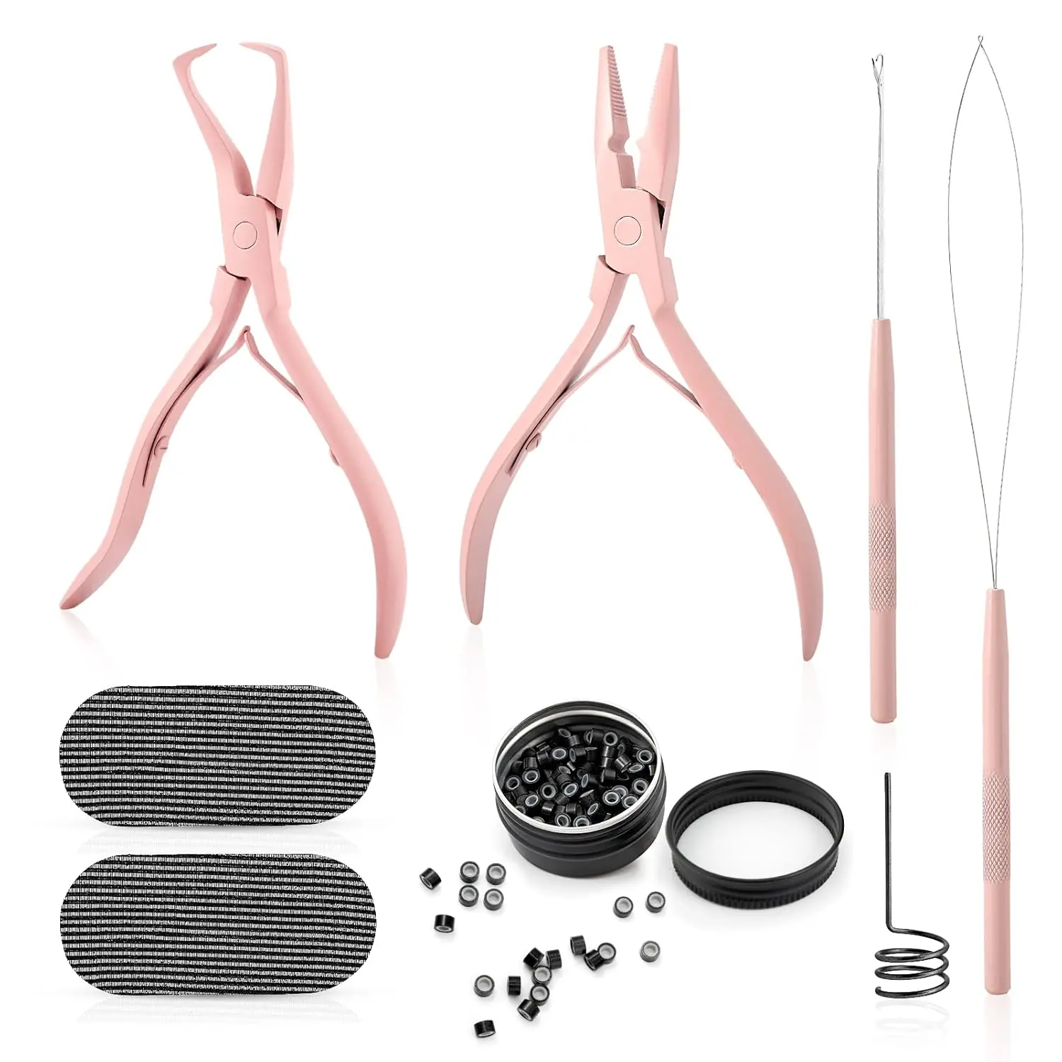 Professional Hair Extensions Tool Kit, Pink Stainless Steel Beading Pliers Set with Pulling Hook & 200 Micro Link Beads for Salon or Home Use