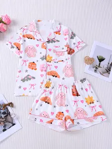 Women's 2-Piece Cartoon Bunny Bread Print Lapel Pajama Set, Cute Animal Heart Pattern Short Sleeve Button Down Top with Pocket & Elastic Waist Shorts, Soft Comfy All-Season Loungewear, Casual Sleepwear for Ladies Home Daily Wear, Pyjamas, Pjs